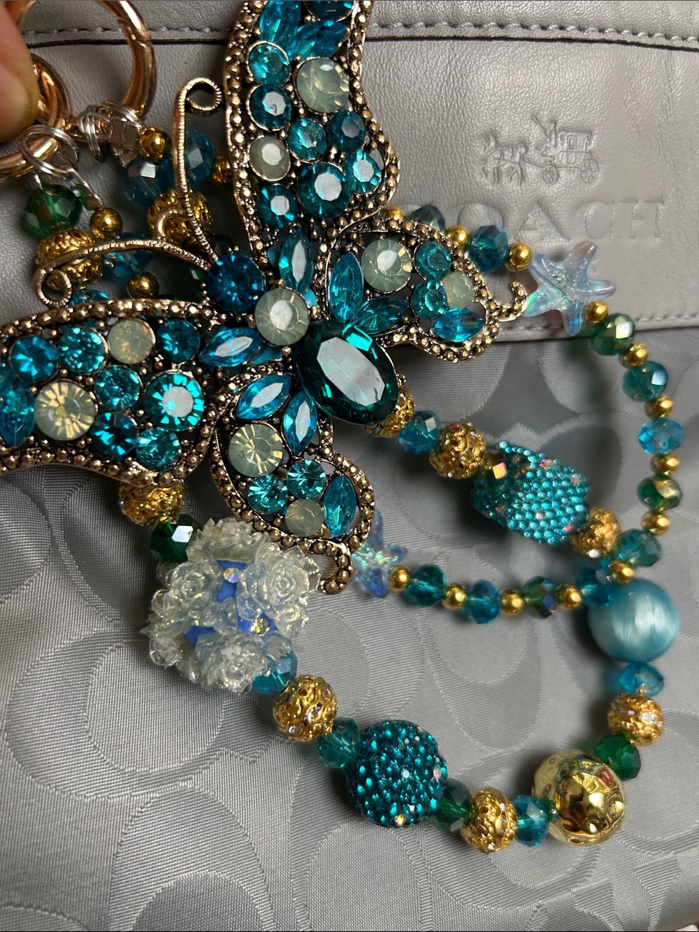 Teal Crystal Butterfly Bag Charm Keychain with Gold Accents